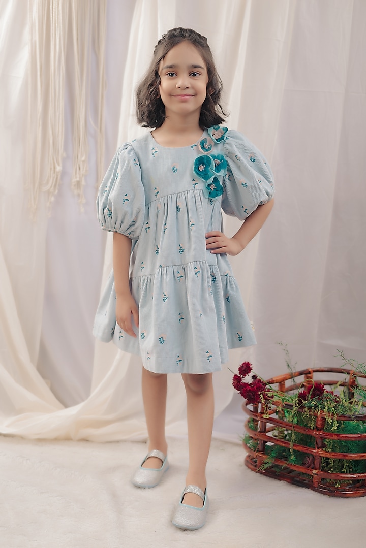 Pastel Blue Floral Embroidered Dress For Girls by Bagichi