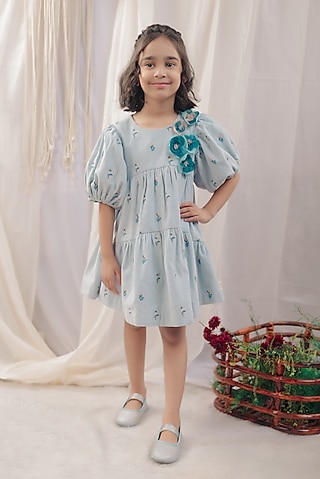 Pastel Blue Floral Embroidered Dress For Girls by Bagichi