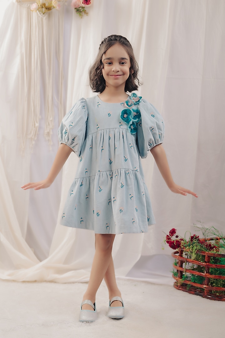 Pastel Blue Floral Embroidered Dress For Girls by Bagichi at Pernia's Pop Up Shop