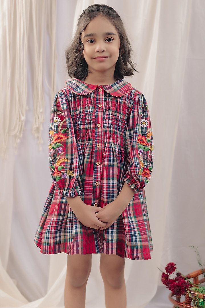 Red Cotton Flannel Printed Dress For Girls by Bagichi