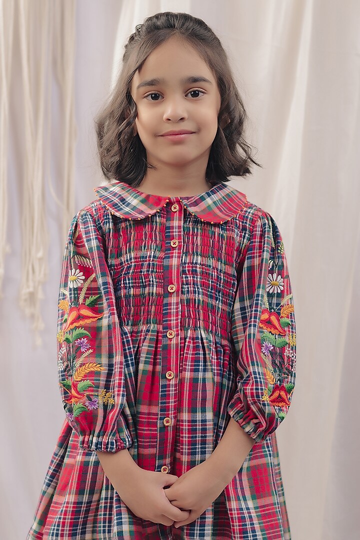 Red Cotton Flannel Printed Dress For Girls by Bagichi at Pernia's Pop Up Shop
