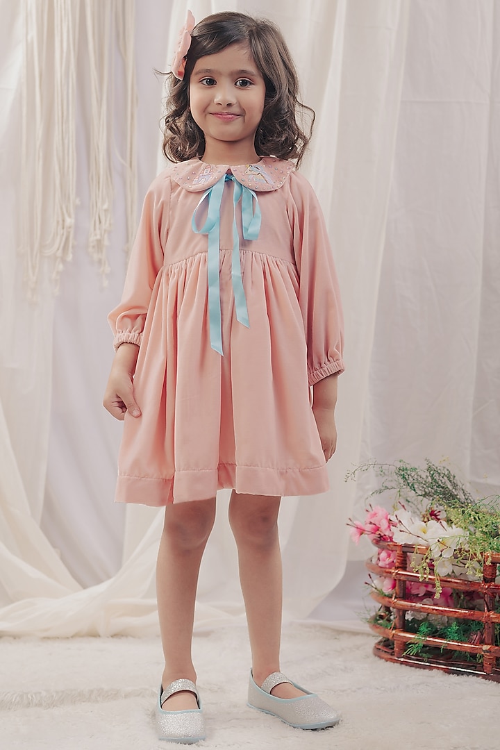 Peach Pink Velvet Embroidered Dress For Girls by Bagichi