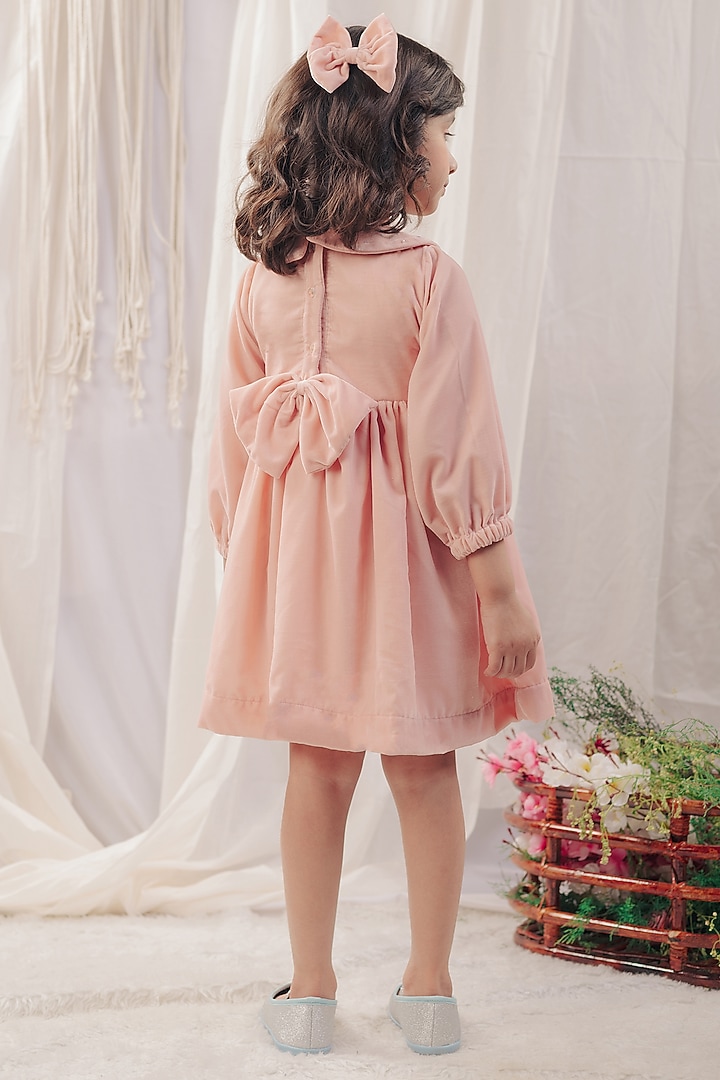 Peach Pink Velvet Embroidered Dress For Girls by Bagichi at Pernia's Pop Up Shop