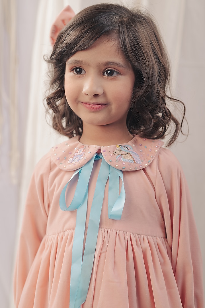 Peach Pink Velvet Embroidered Dress For Girls by Bagichi at Pernia's Pop Up Shop