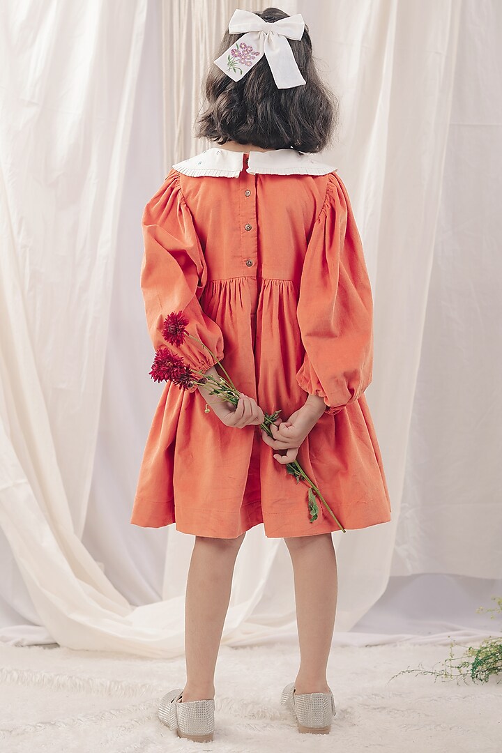 Rust Corduroy Embroidered Dress For Girls by Bagichi at Pernia's Pop Up Shop