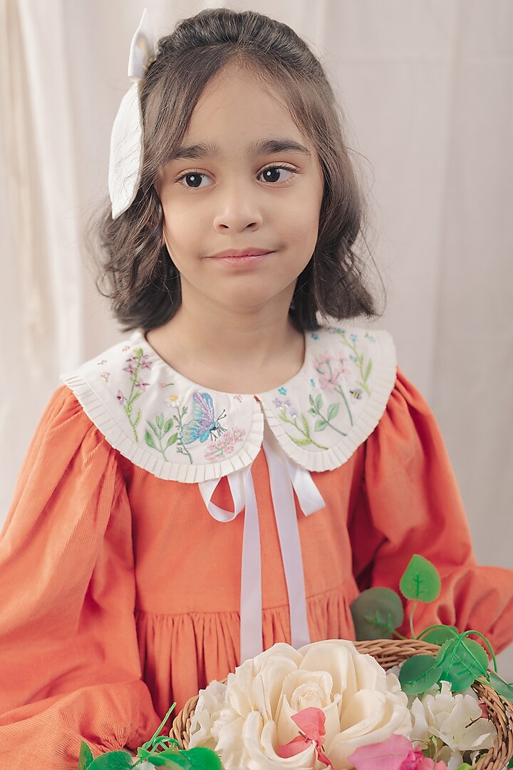 Rust Corduroy Embroidered Dress For Girls by Bagichi at Pernia's Pop Up Shop