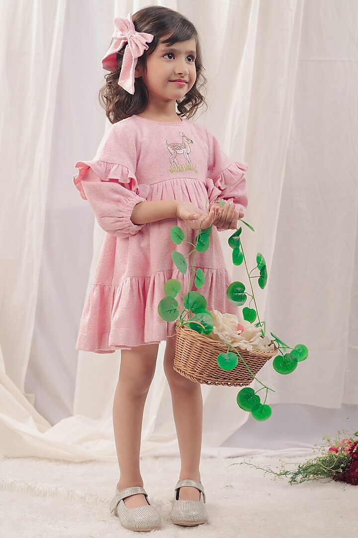 Pastel Pink Flannel Embroidered Dress For Girls by Bagichi