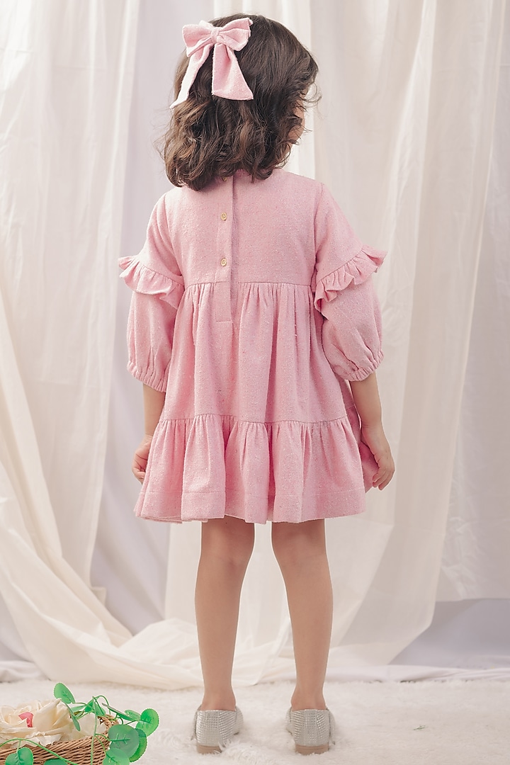 Pastel Pink Flannel Embroidered Dress For Girls by Bagichi at Pernia's Pop Up Shop