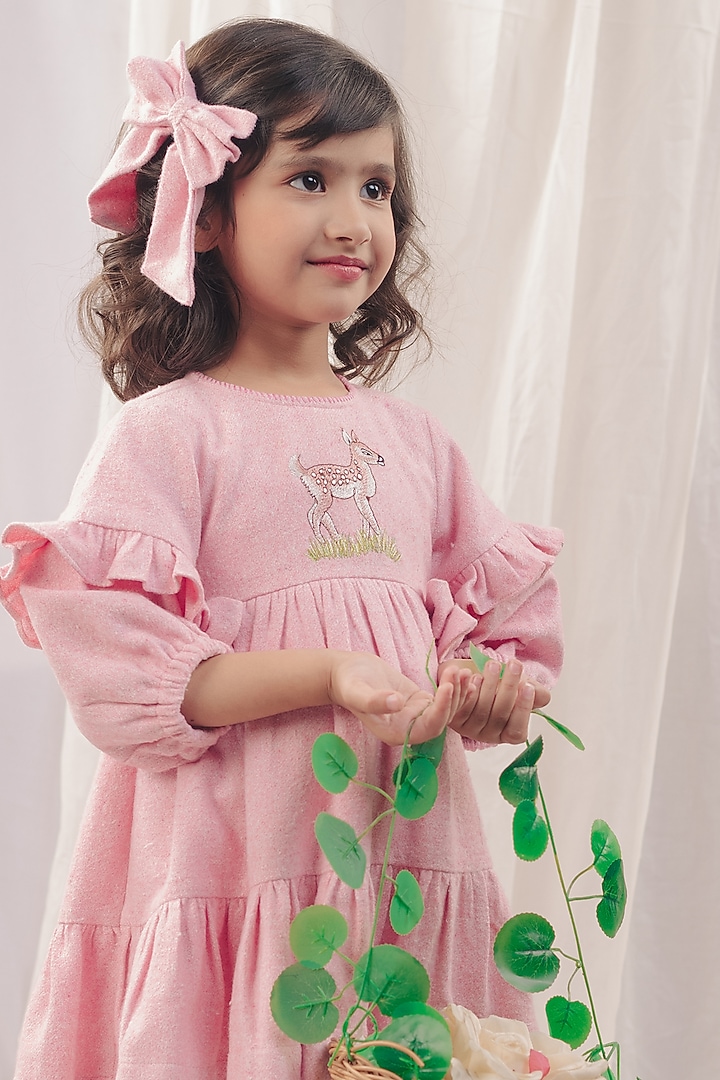 Pastel Pink Flannel Embroidered Dress For Girls by Bagichi at Pernia's Pop Up Shop