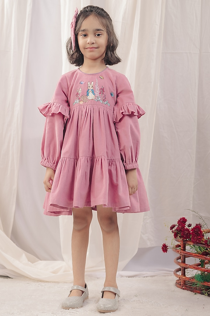 Onion Pink Corduroy Embroidered Dress For Girls by Bagichi