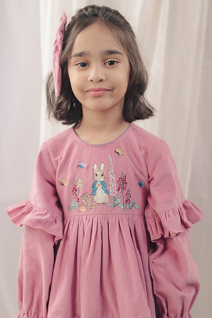 Onion Pink Corduroy Embroidered Dress For Girls by Bagichi at Pernia's Pop Up Shop