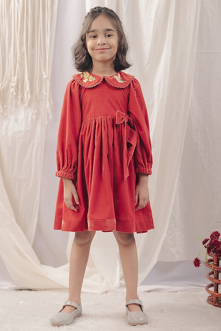 Red Velvet Embroidered Dress For Girls by Bagichi