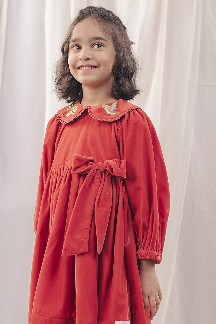 Red Velvet Embroidered Dress For Girls by Bagichi at Pernia's Pop Up Shop