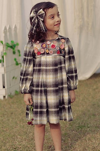 Black & White Floral Embroidered Dress For Girls by Bagichi