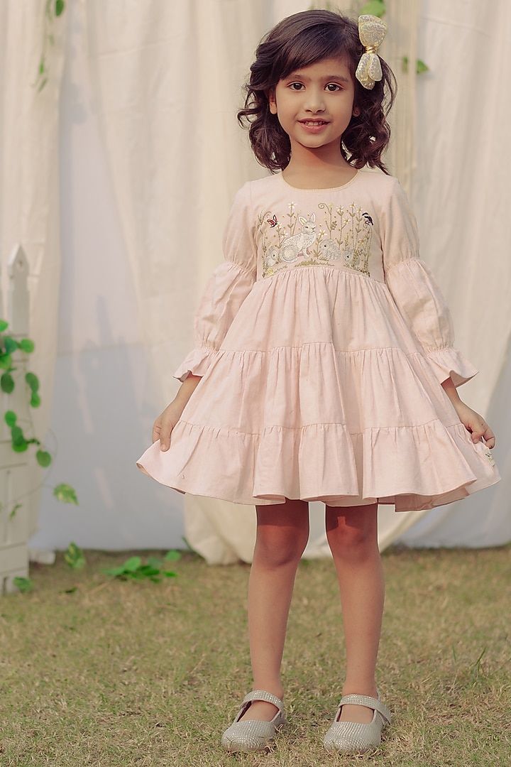 Light Pink Embroidered Dress For Girls by Bagichi