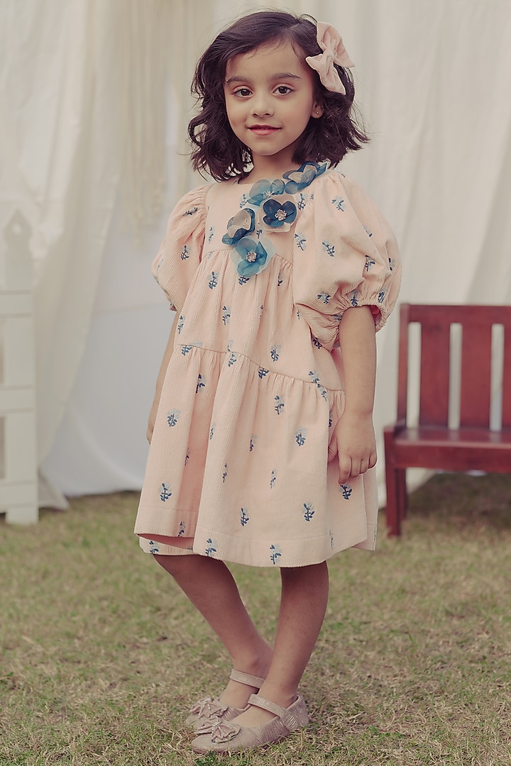 Peach Floral Embroidered Dress For Girls by Bagichi