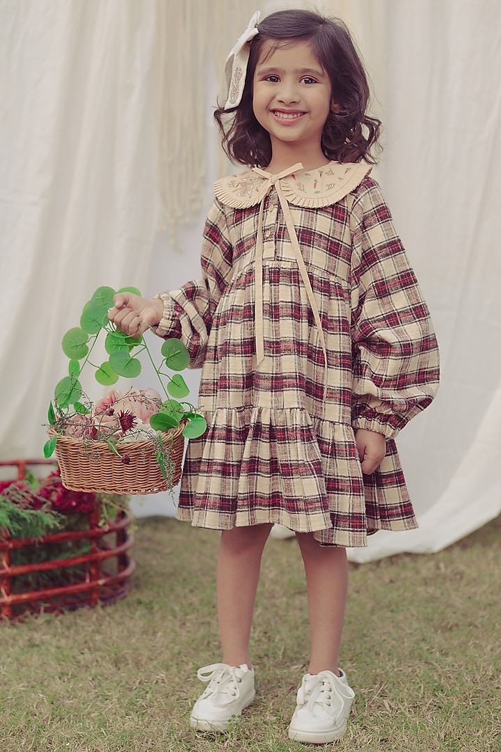 Ecru Flannel Embroidered Dress For Girls by Bagichi