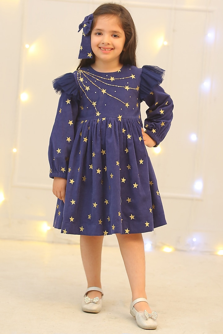 Navy Blue Corduroy Embroidered Dress For Girls by Bagichi