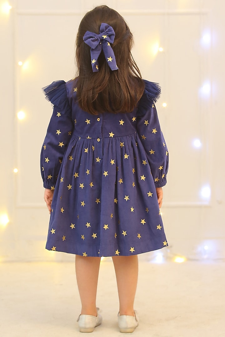 Navy Blue Corduroy Embroidered Dress For Girls by Bagichi at Pernia's Pop Up Shop