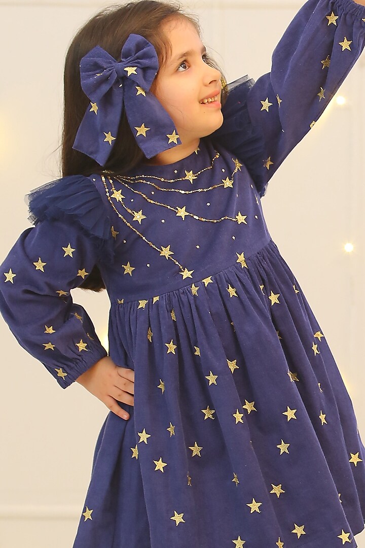 Navy Blue Corduroy Embroidered Dress For Girls by Bagichi at Pernia's Pop Up Shop