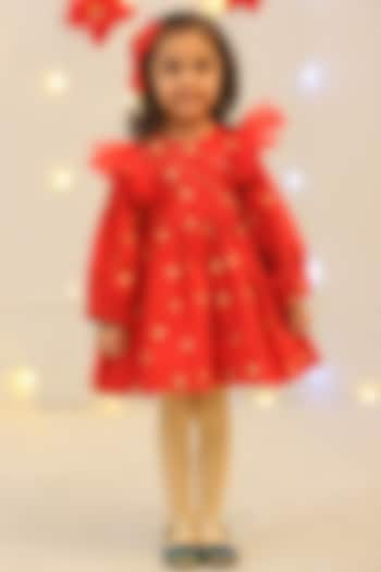 Red Corduroy Embroidered Dress For Girls by Bagichi at Pernia's Pop Up Shop