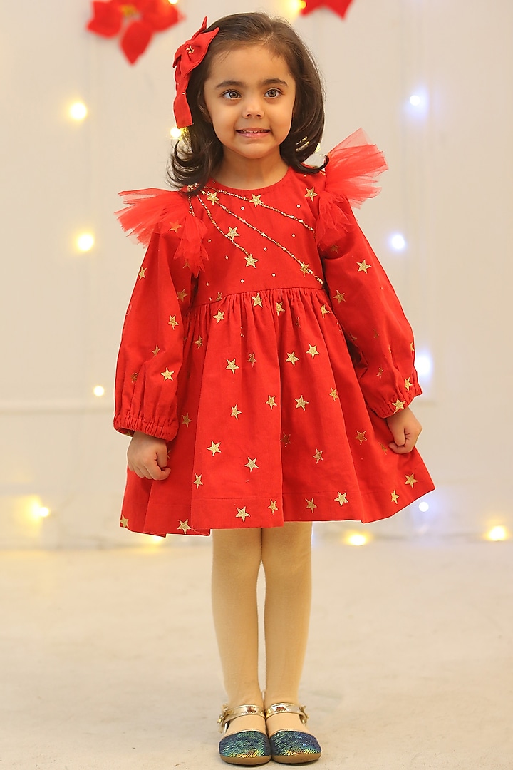 Red Corduroy Embroidered Dress For Girls by Bagichi