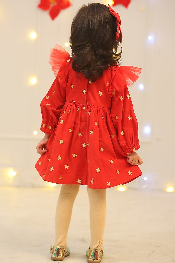 Red Corduroy Embroidered Dress For Girls by Bagichi at Pernia's Pop Up Shop
