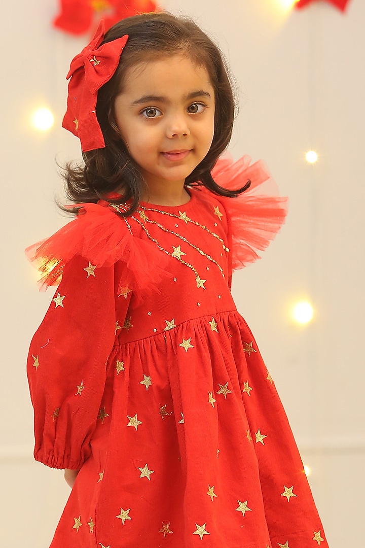 Red Corduroy Embroidered Dress For Girls by Bagichi at Pernia's Pop Up Shop