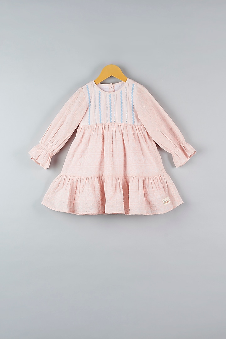 Pastel Pink Cotton Embroidered Dress For Girls by Bagichi