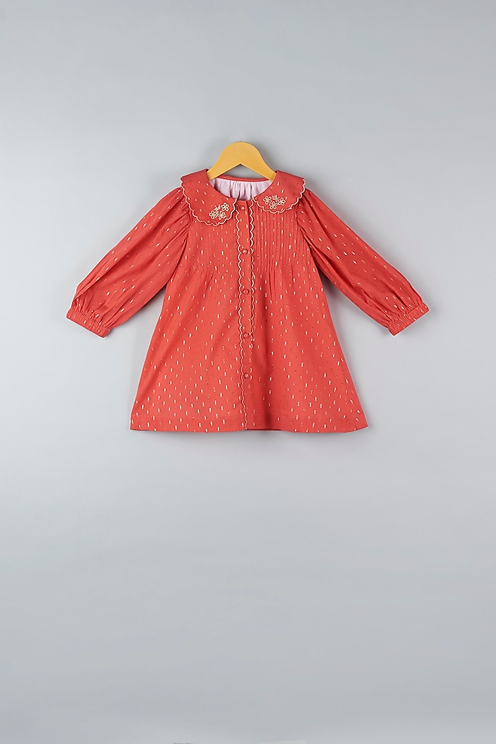 Red Cotton Gold Dobby Dress For Girls by Bagichi