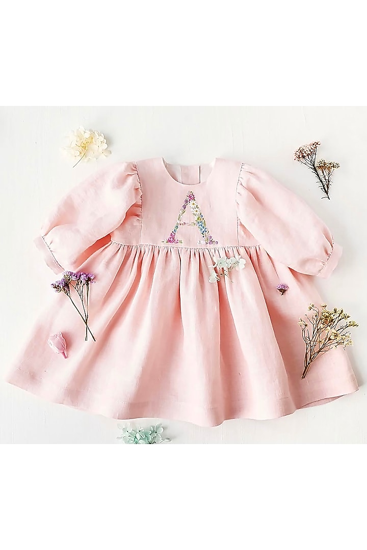 Pastel Baby Pink Floral Embroidered Dress For Girls by Bagichi at Pernia's Pop Up Shop