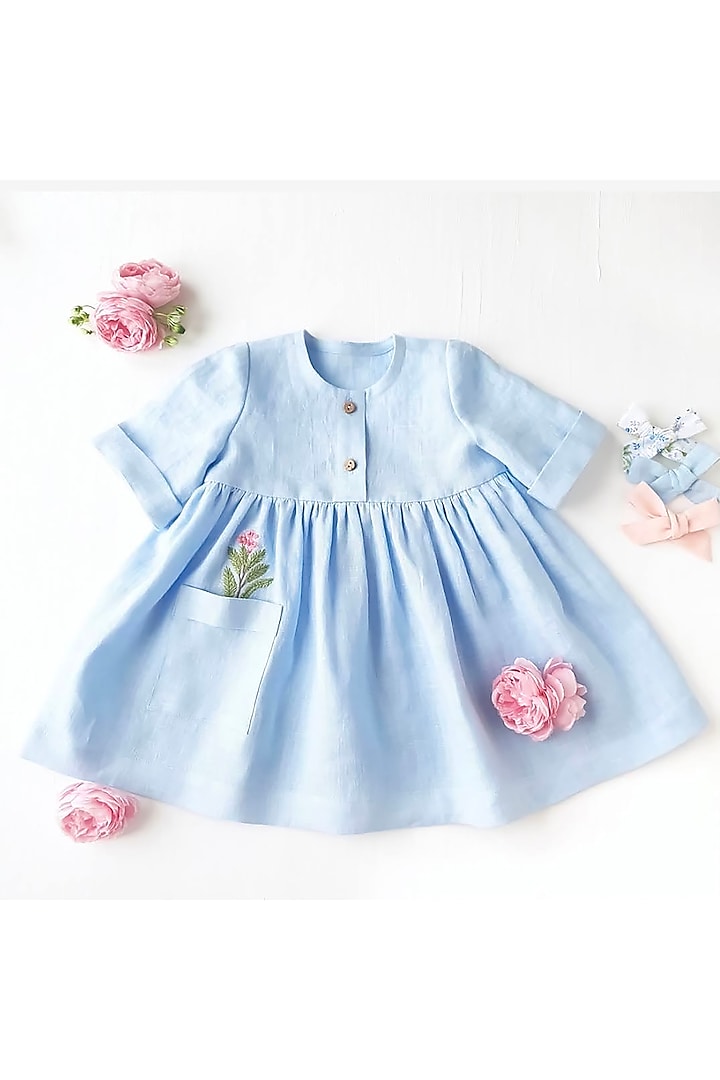 Pastel Blue Embroidered Dress For Girls by Bagichi