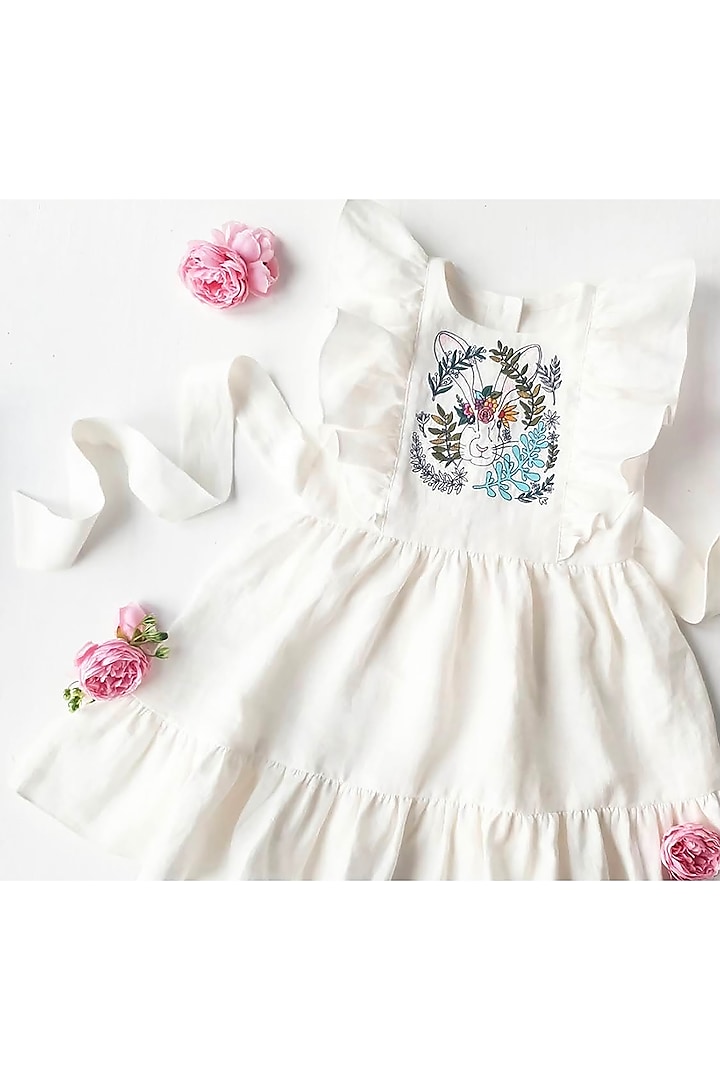 Pastel White Floral Embroidered Dress For Girls by Bagichi