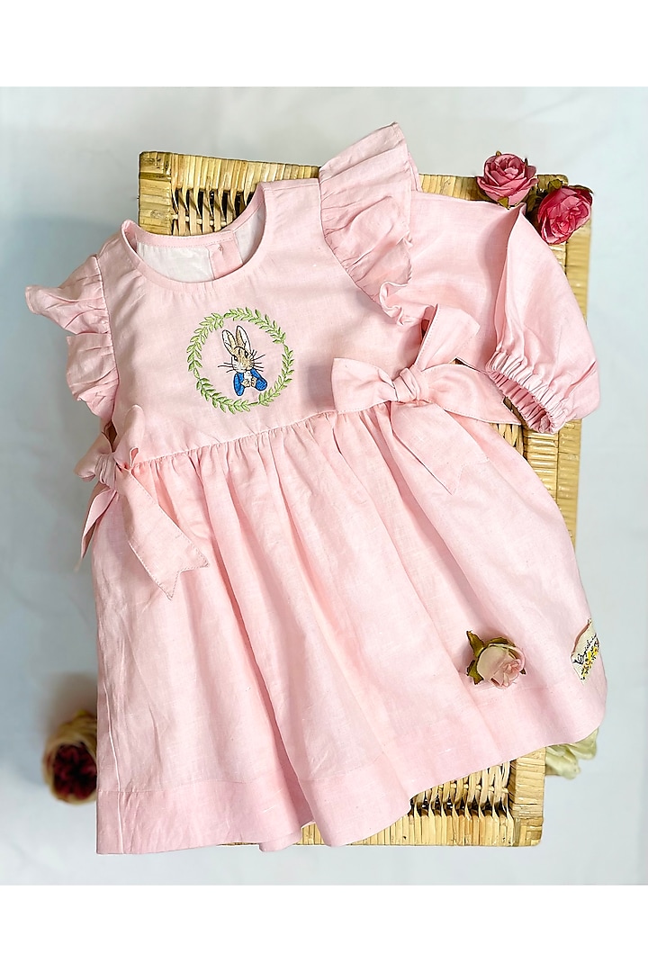 Pastel Baby Pink Pastel Floral Embroidered Dress For Girls by Bagichi