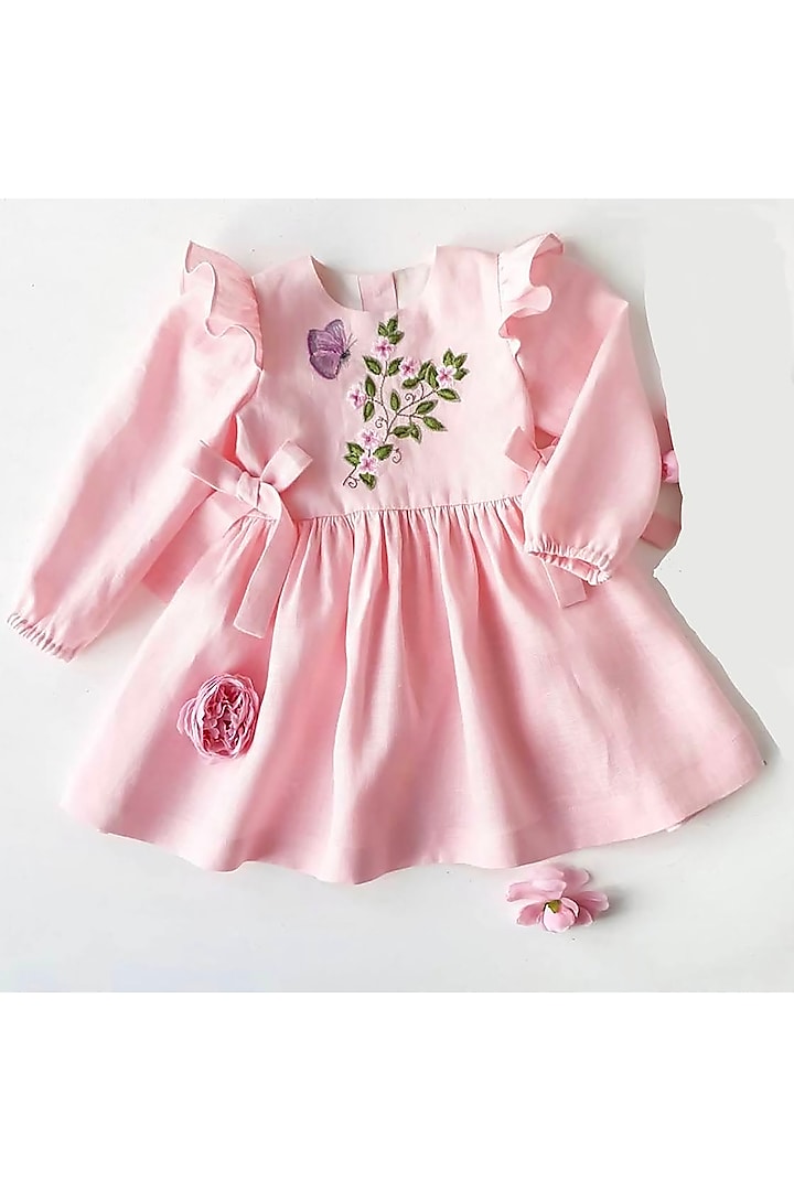 Pastel Baby Pink Dress With Floral Embroidery For Girls by Bagichi