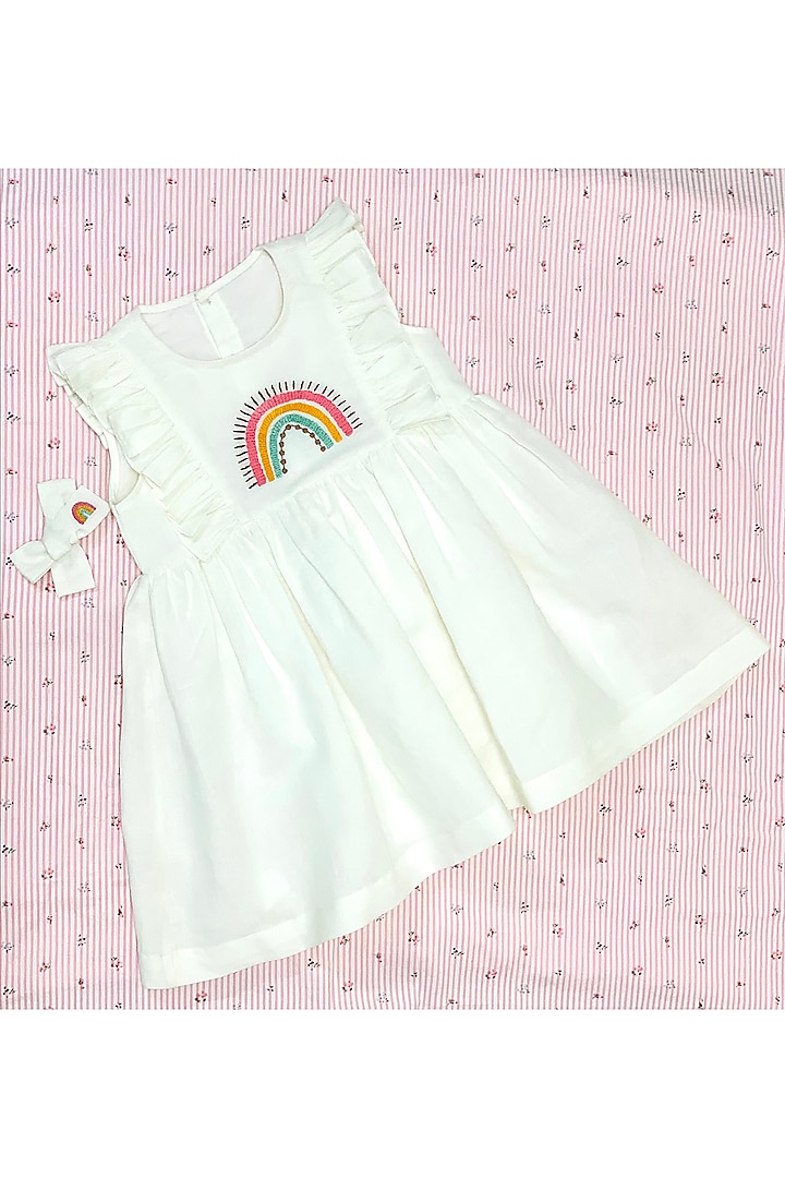 Pastel White Embroidered Dress For Girls by Bagichi