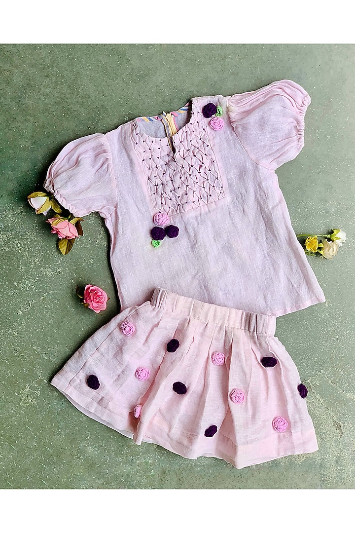 Pastel Baby Pink Embroidered Skirt Set For Girls by Bagichi