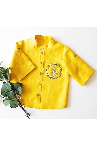 Pastel Yellow Embroidered Shirt For Boys by Bagichi
