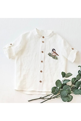 Pastel White Embroidered Shirt For Boys by Bagichi