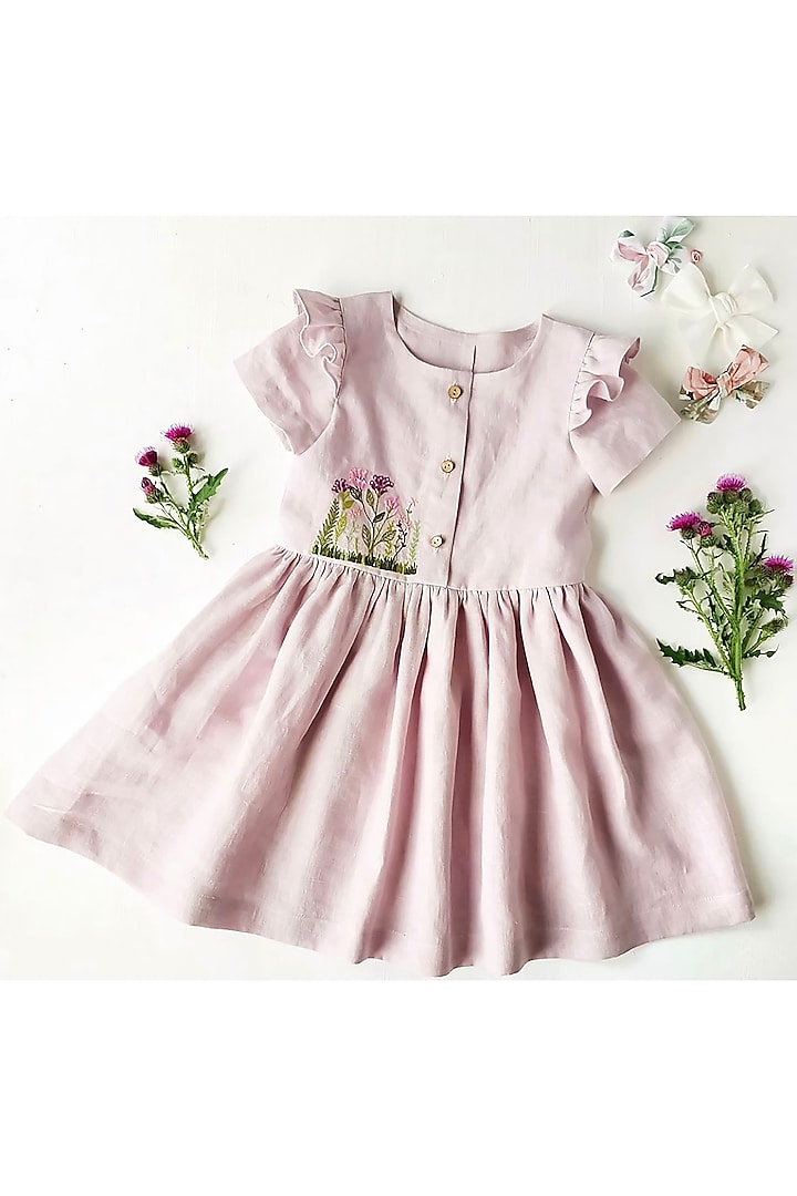 Baby Pink Dress With Embroidery For Girls by Bagichi