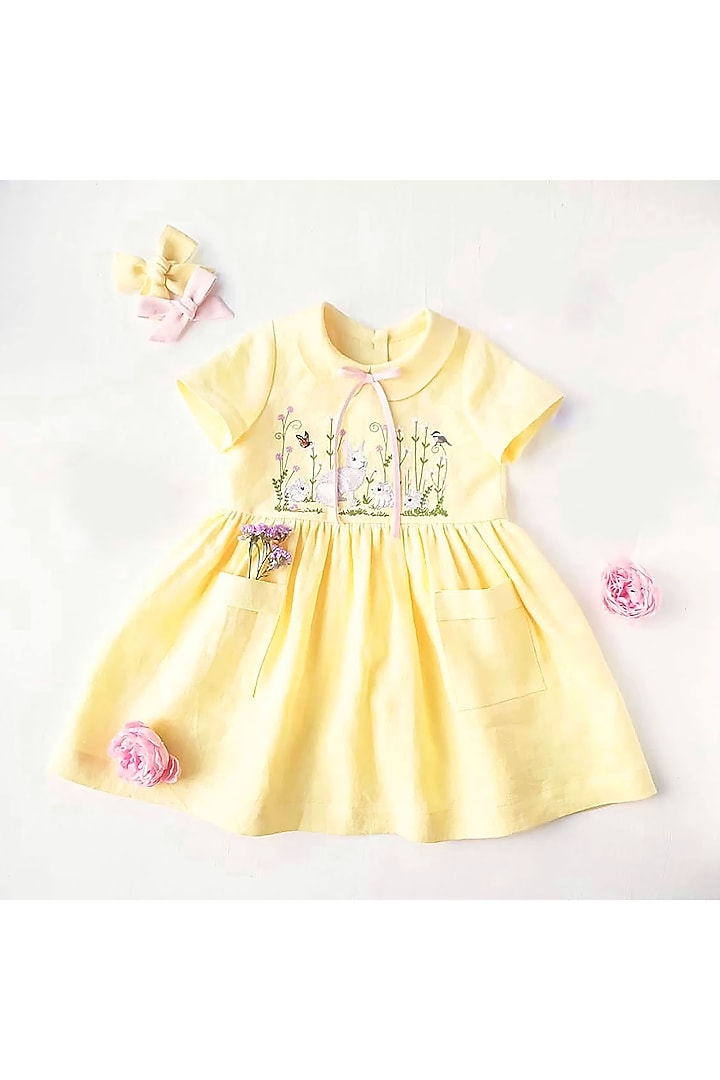 Yellow Floral Embroidered Dress For Girls by Bagichi