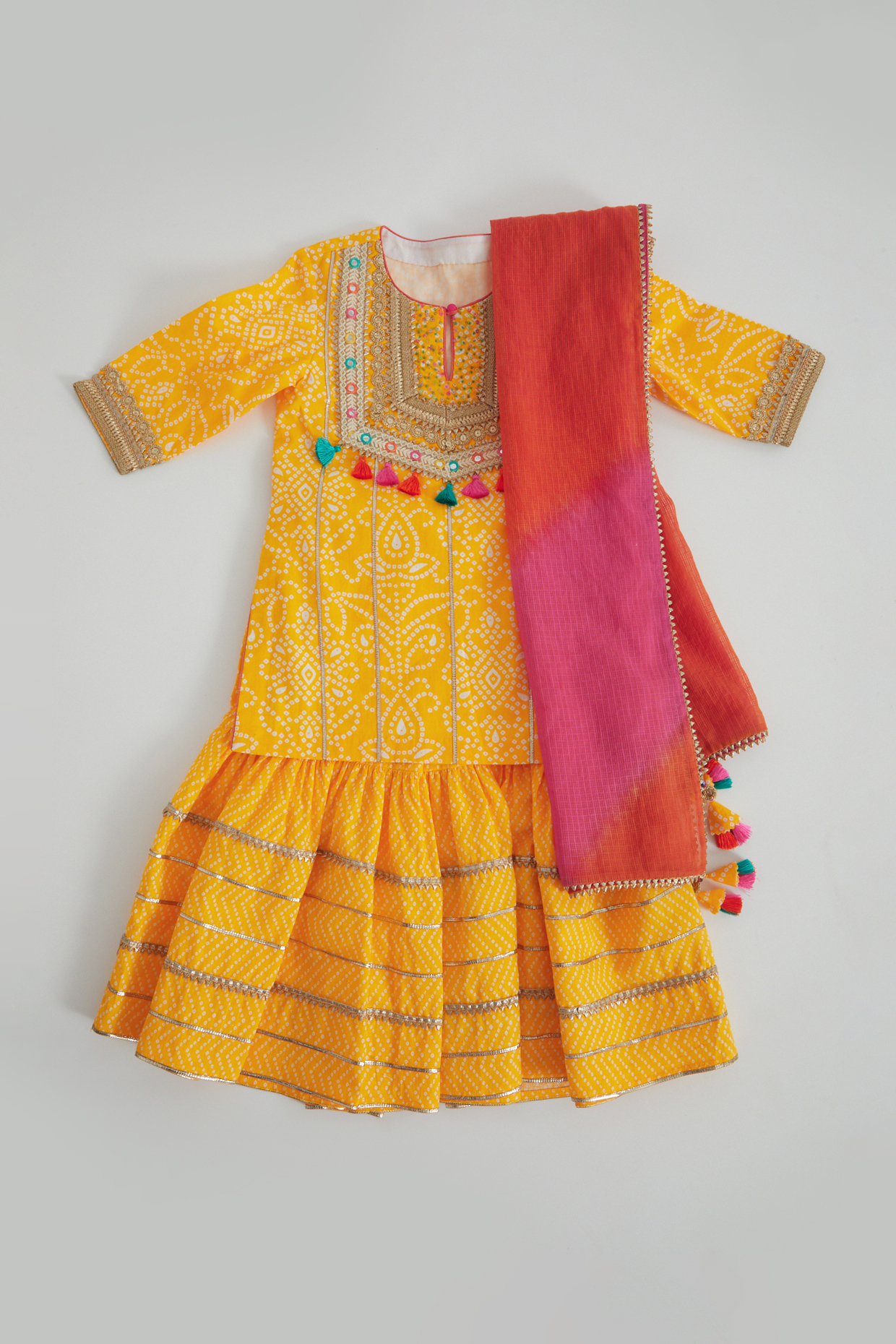 Mustard Embroidered Sharara Set For Girls by Bagichi
