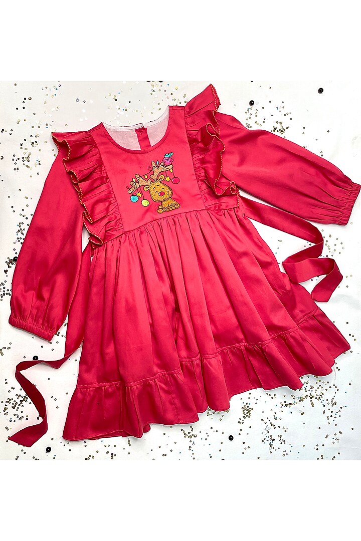 Red Embroidered Dress For Girls by Bagichi