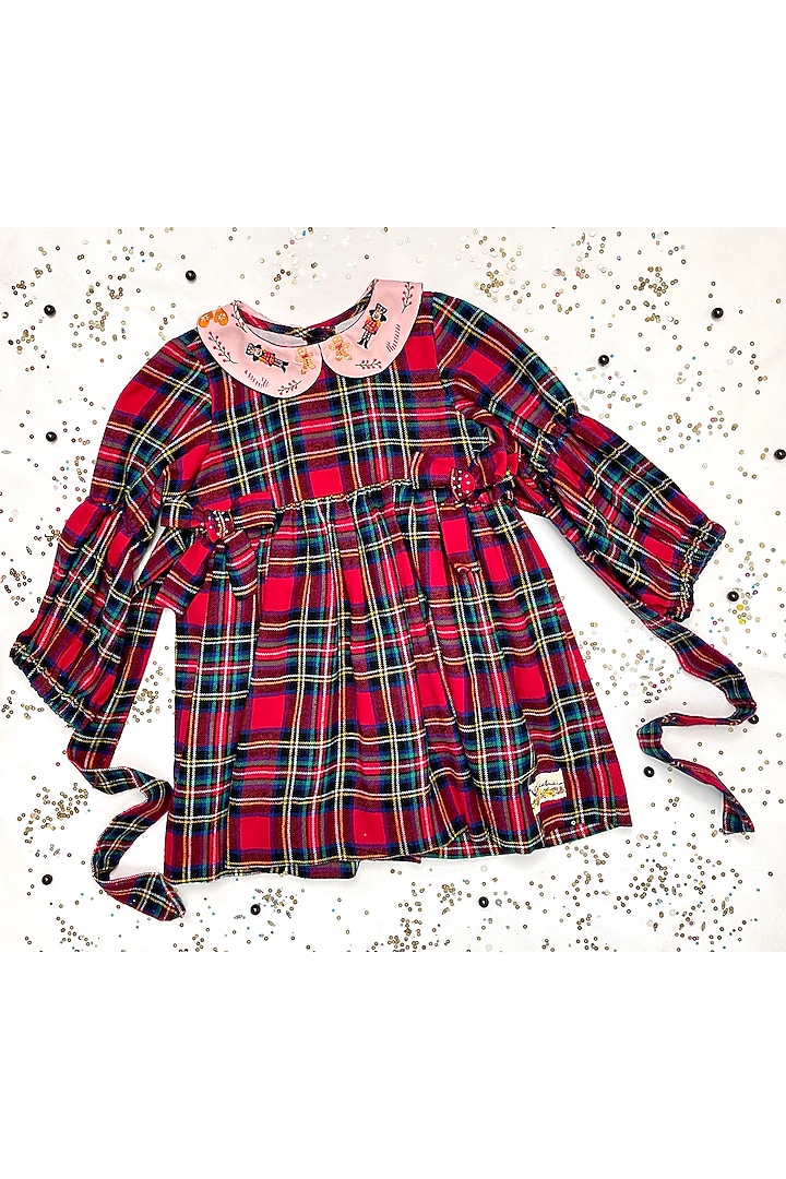 Red Cotton Checkered Dress For Girls by Bagichi at Pernia's Pop Up Shop