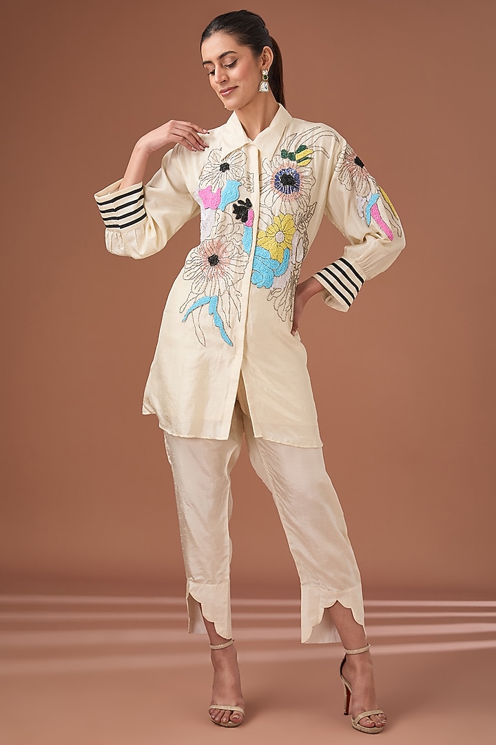 White Bemberg Silk Sequins Embroidered Co-Ord Set by Baidehi at Pernia's Pop Up Shop