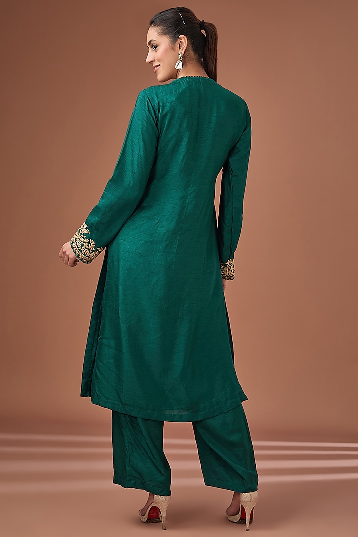 Bottle Green Bemberg Silk Zari Embroidered Kurta Set by Baidehi at Pernia's Pop Up Shop