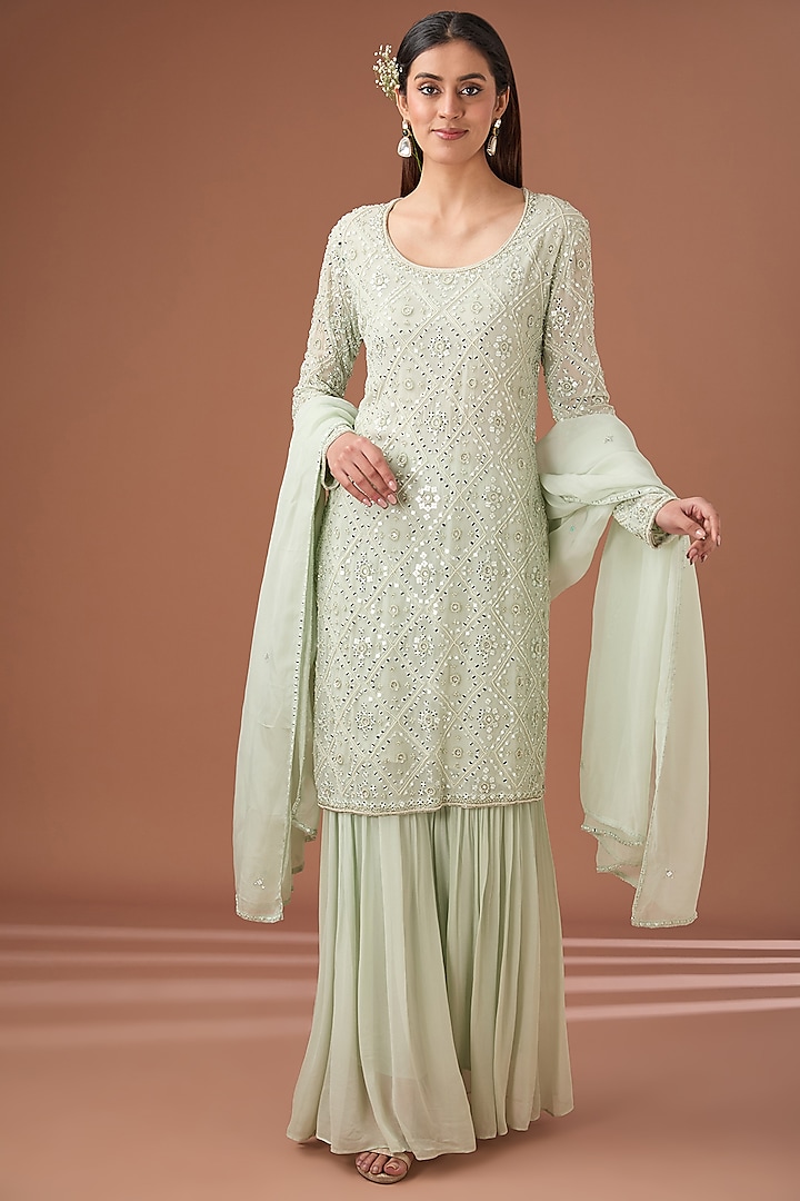 Mint Green Georgette Sharara Set by Baidehi at Pernia's Pop Up Shop