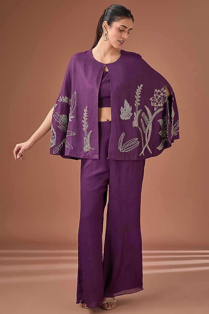 Purple Chinon Georgette Hand Embroidered Cape Set by Baidehi at Pernia's Pop Up Shop