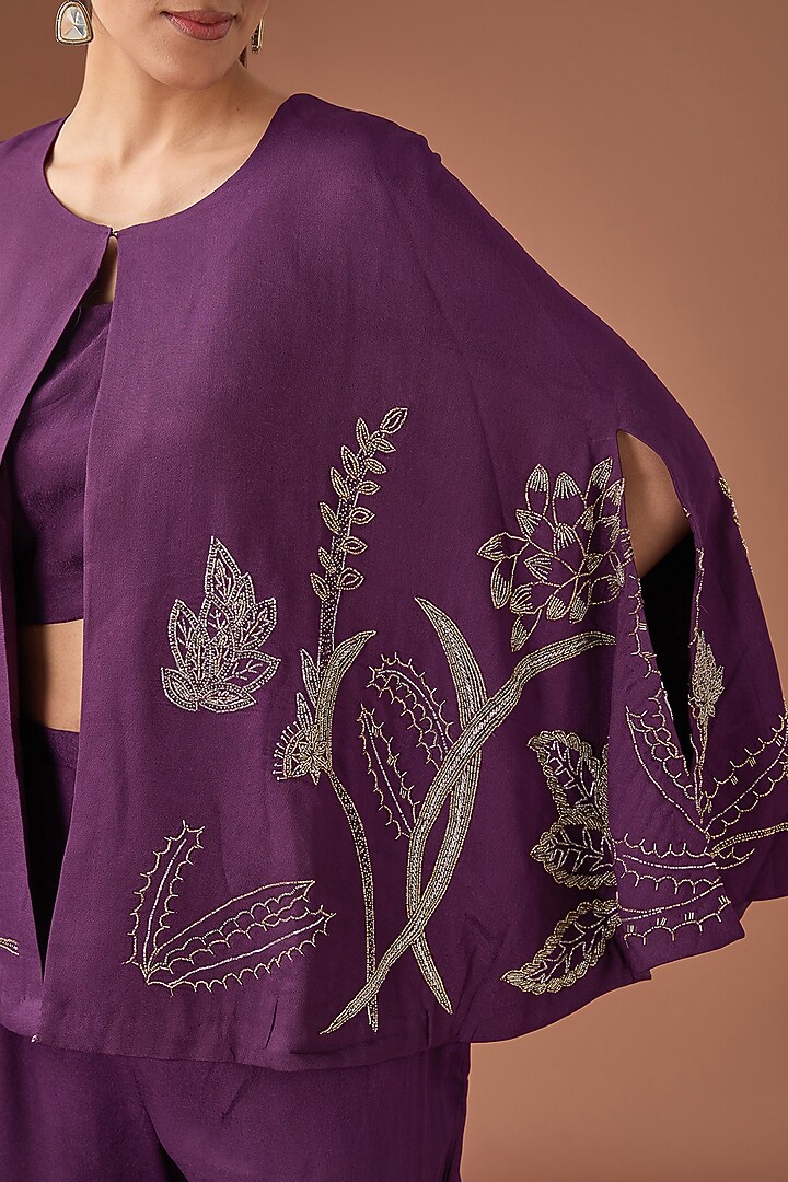 Purple Chinon Georgette Hand Embroidered Cape Set by Baidehi at Pernia's Pop Up Shop