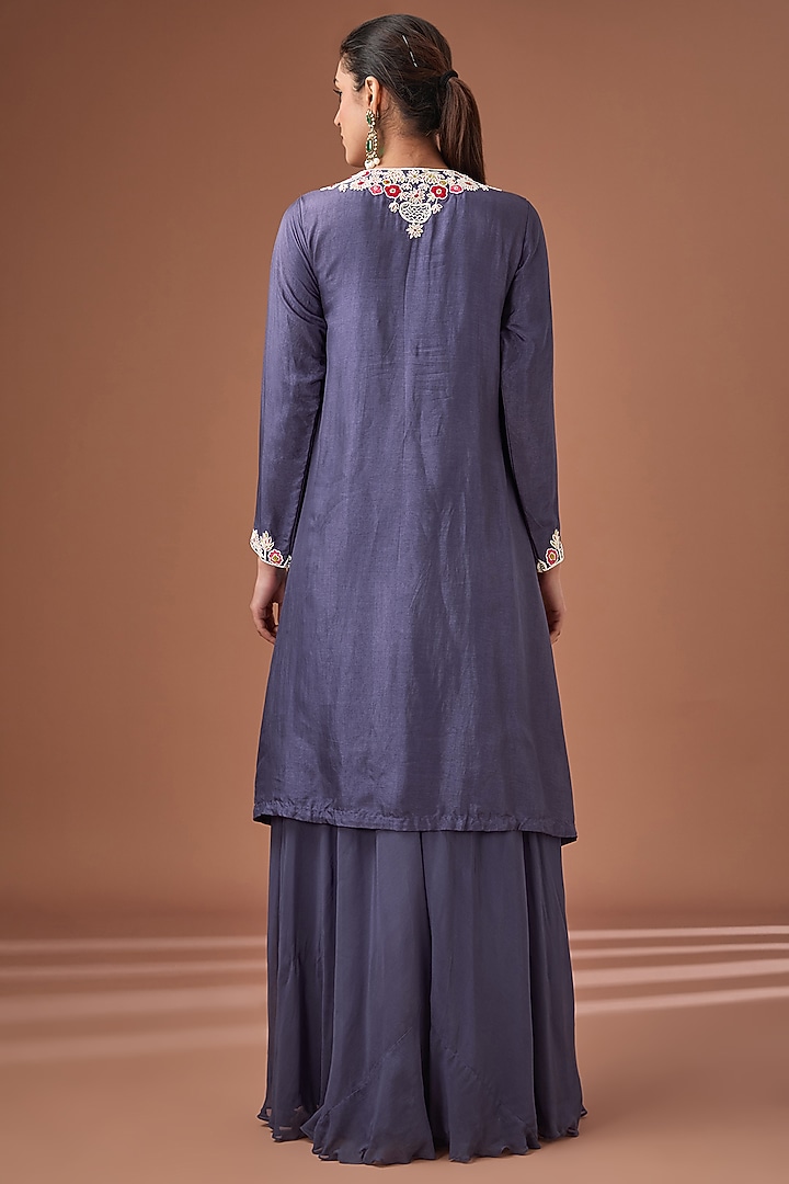 Blue Bemberg Silk Thread Embroidered High-Low Kurta Set by Baidehi at Pernia's Pop Up Shop